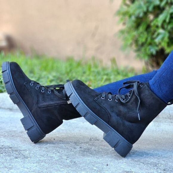 Womens Suede Combat Ankle Boots Lace Up Heeled Black Color - Picture 1 of 6